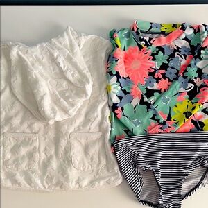 Floral and Striped Swimsuit Two Piece Rashguard with White Cover-Up